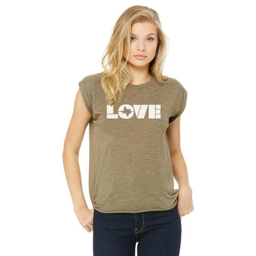 Gusto Tees Women's Love TX Block Text Cuffed Tank Htholive_8803