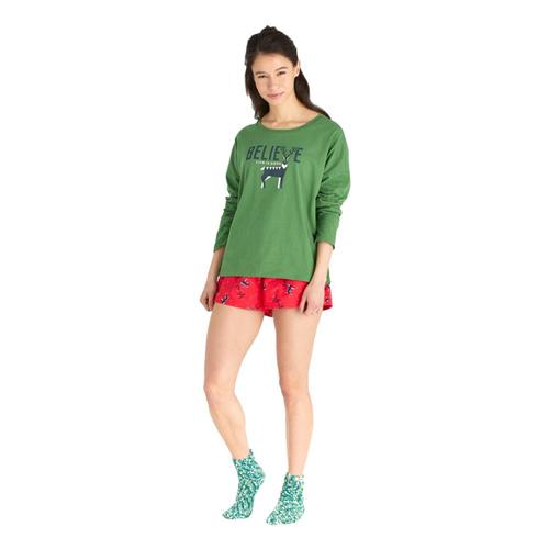 Life is Good Women's Believe Snuggle Up Relaxed Sleep Long Sleeve Top Reindeer