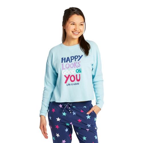 Life is Good Women's Happy Looks Good on You Thermal Long Sleeve Sleep Tee Beachblue