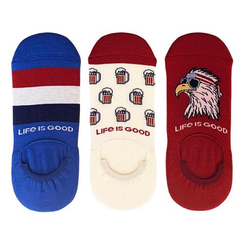 Life is Good Men's Stripes/Beer/Eagle Cushioned No Show Socks 3-Pack Beereagle