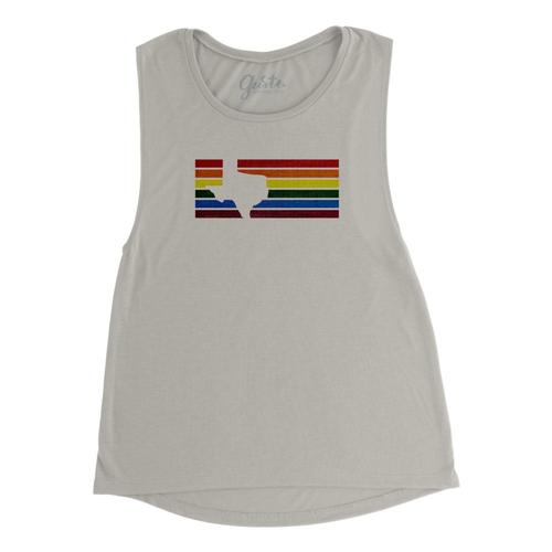 Gusto Tees Women's Texas Stripes Rainbow Muscle Tank Stone