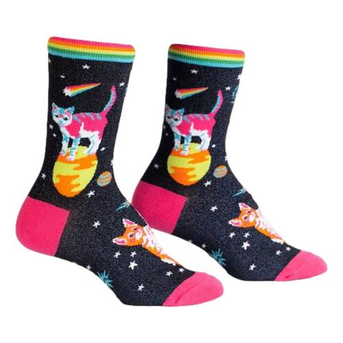 Sock It to Me Women's Space Cats Shimmer Crew Socks Black