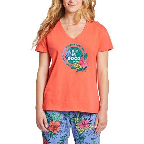 Life is Good Women'sTropical Hibiscus Palm Coin Snuggle Up Relaxed Sleep Vee Mangorange
