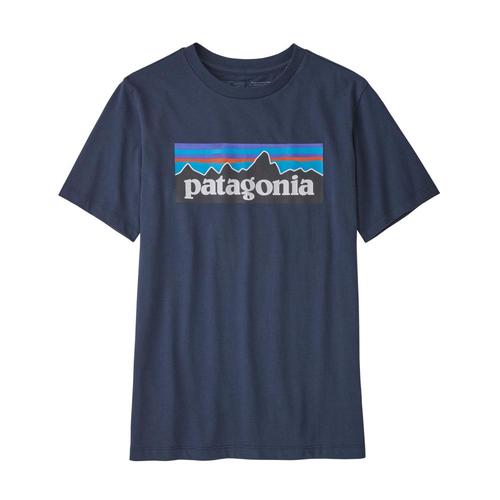 Patagonia Kids Regenerative Organic Certified P-6 Logo Short Sleeve T-Shirt Navy_nena