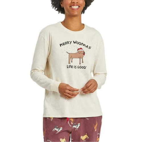 Life is Good Women's Merry Woofmas Lab Long Sleeve Snuggle Up Sleep Tee Puttywhite