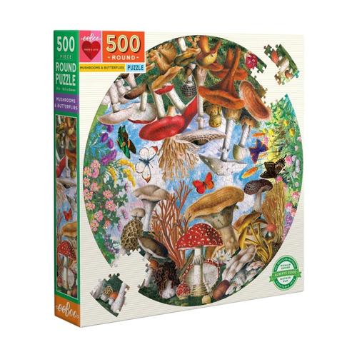 eeBoo Mushrooms and Butterflies 500 Piece Round Jigsaw Puzzle