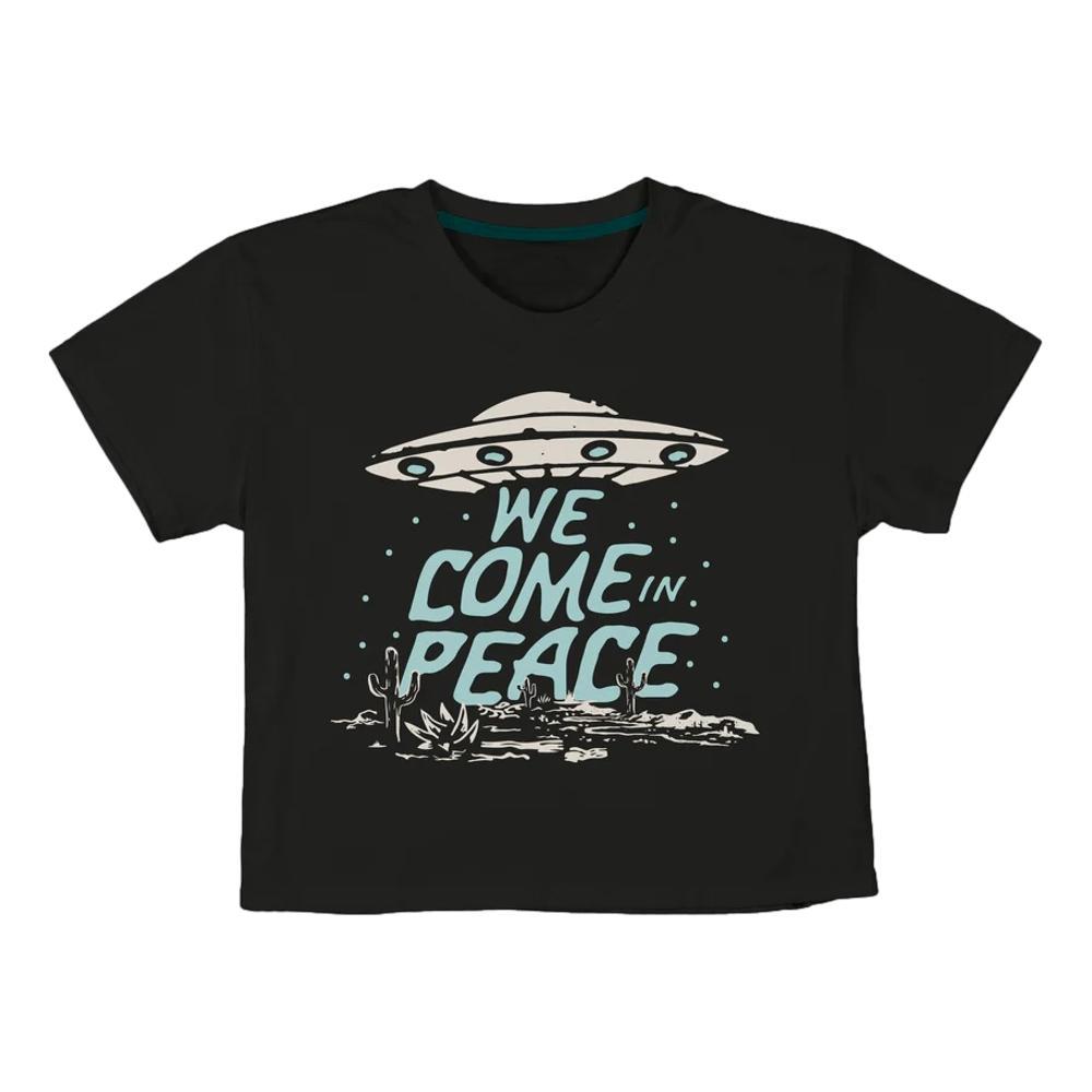 Sendero Provisions Co. Women's We Come In Peace Crop T-Shirt VINTAGEBLACK