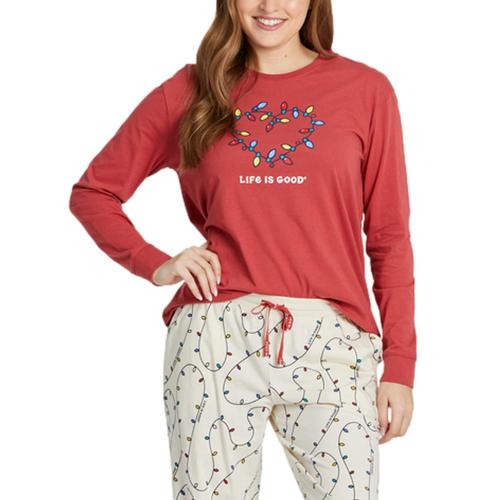 Life is Good Women's Holiday Lights Heart Long Sleeve Snuggle Up Relaxed Sleep Tee Red_lights