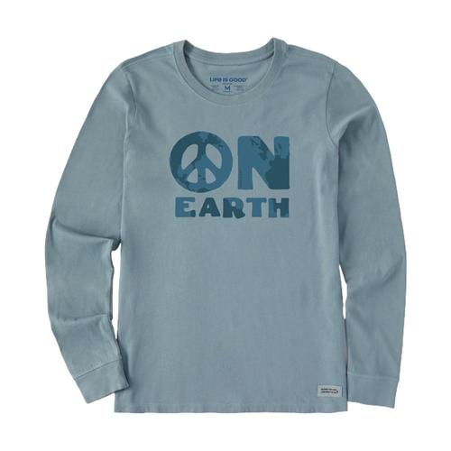 Life is Good Women's Peace On Earth Globe Long Sleeve Crusher-LITE Tee Smokyblue