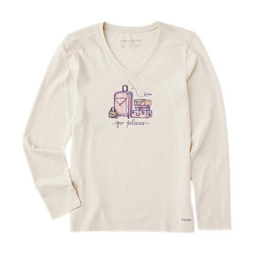 Life is Good Women's Go Places Luggages Long Sleeve Crusher Vee Puttywhite