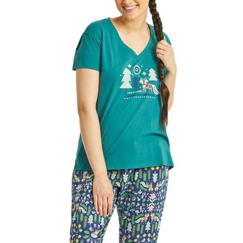 Life is Good Women's Starry Night Nordic Fox Snuggle Up Relaxed Sleep Vee Green_wood