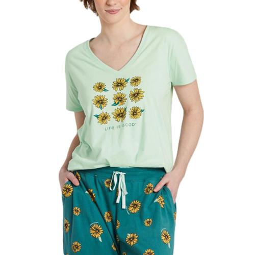 Life is Good Women's Sunflower Grid Snuggle Up Relaxed Sleep Vee Green_flow