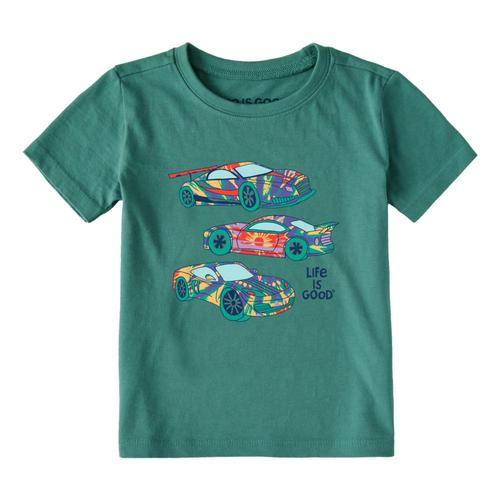 Life is Good Toddlers Tie Dye Race Cars Crusher Tee Sprucegrn